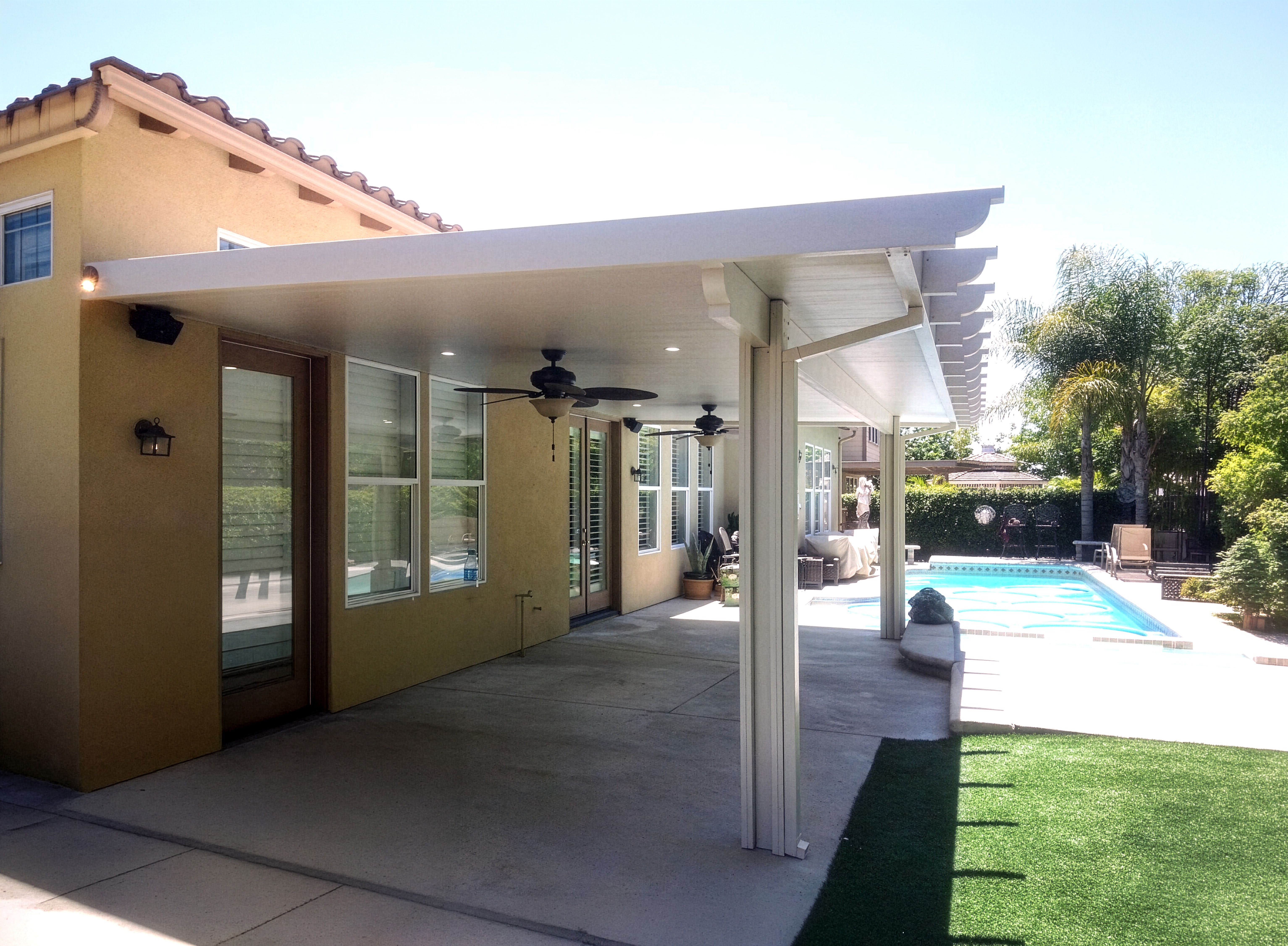 Alumawood patio cover with ceiling fans
